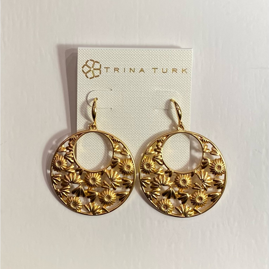 Nwt *Trina Turk* Gold Floral Circular Earrings 2” Drop *Stunning*